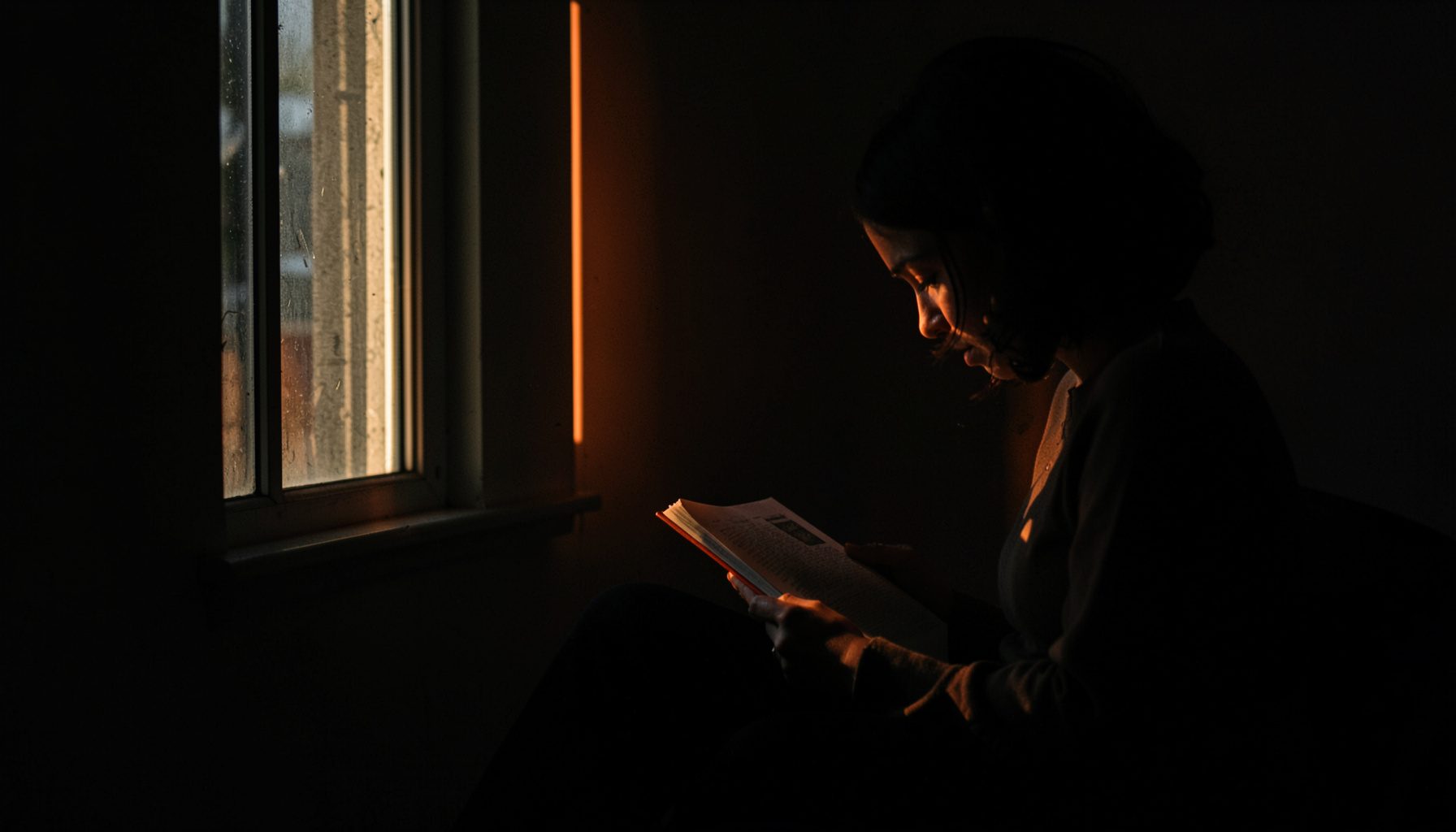 Dark, low-key photograph of a woman reading scriptures by a window, morning light casting long shadows across the room.